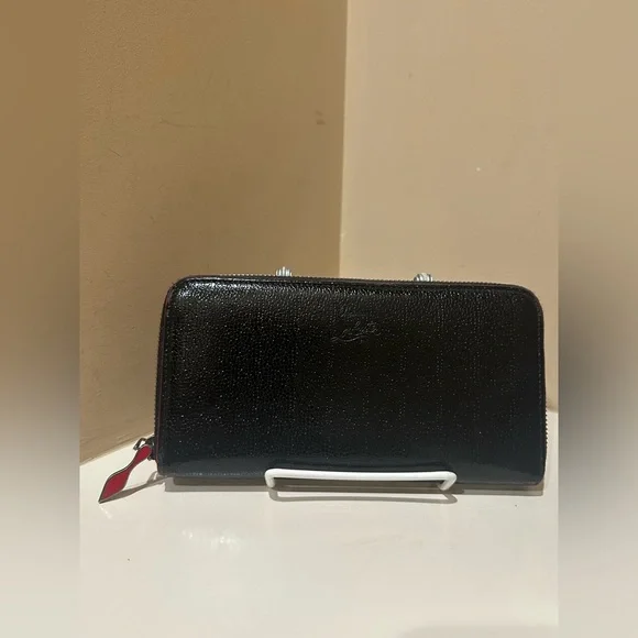 Christian Louboutin Black Crackled Patent Leather Zip Around Continental Wallet